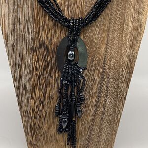 Statement Necklace Layered Fringe Beaded Wood Unique Bib Chunky Black